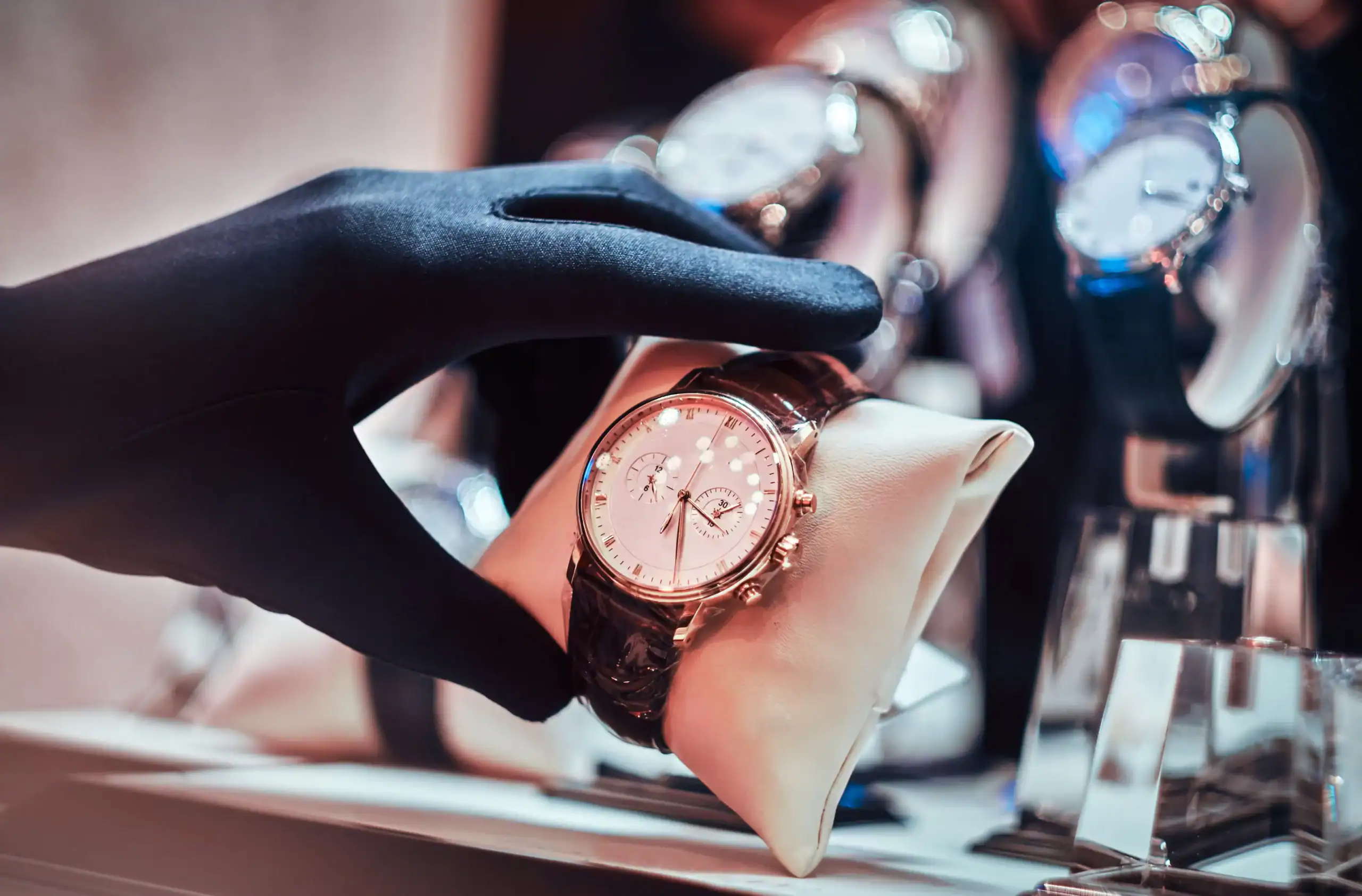 A gloved hand holding a luxury wristwatch with a white dial and brown leather strap, displayed in a watch store—highlighting the importance of using an automatic watch winder for proper care and performance.